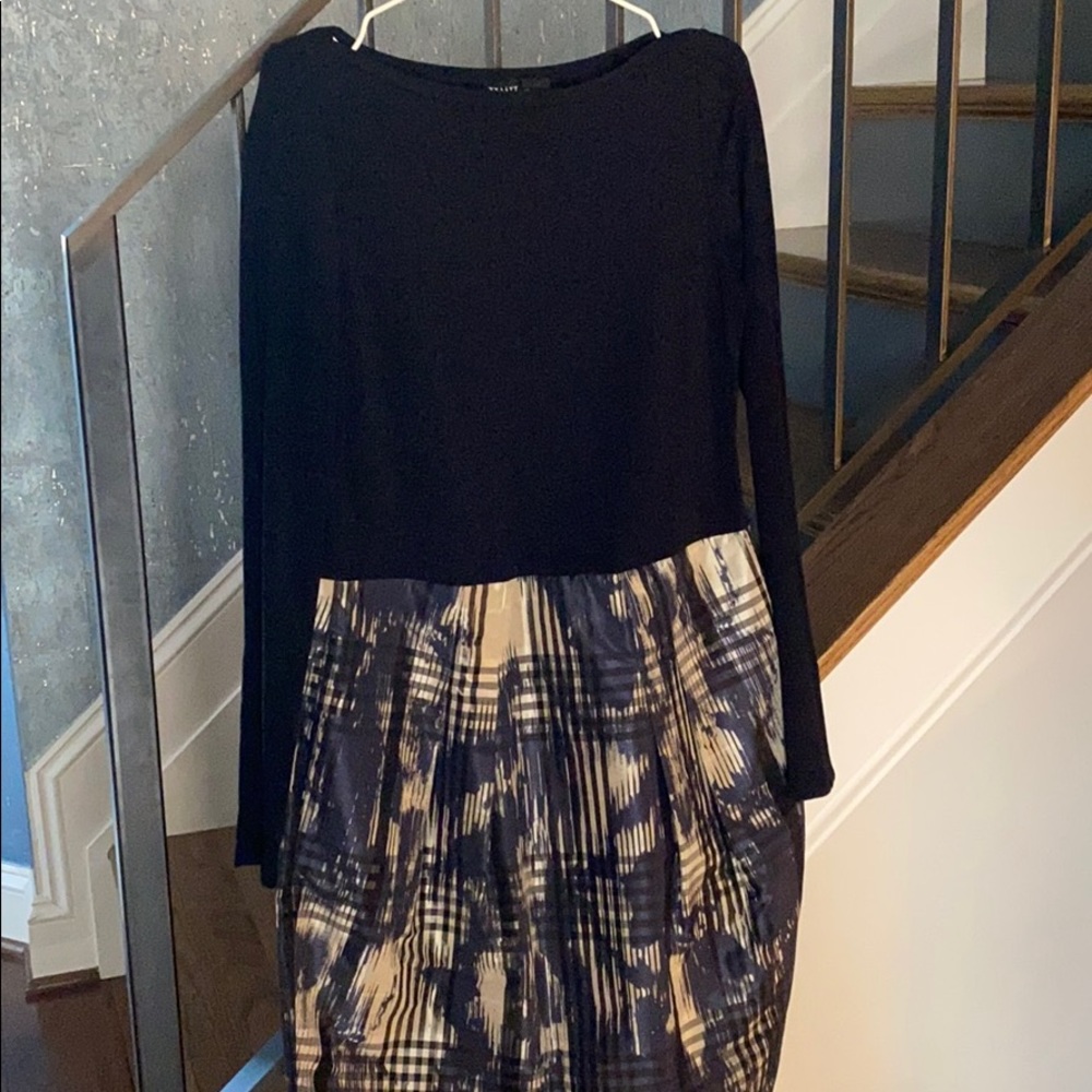 Worth Long Sleeve Black Top with Navy and Cream Pleated Skirt